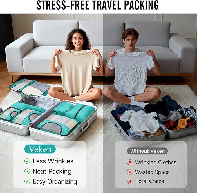 Veken 10 Set Packing Cubes for Travel Essentials, Suitcase Organizer Bags in 4 Sizes, Carry-On Luggage Accessories with Large Laundry Bag & Passport Holder, Must-Have for Airplane, Road Trip & Camping