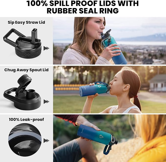 RAYMYLO Insulated Water Bottle 40 oz, Triple Wall Vacuum Stainless Steel (Cold for 36Hrs, Hot for 18Hrs), Leak Proof & Non-BPA, Modern Water Flask Jug with Paracord Handle & Straw Spout Lids