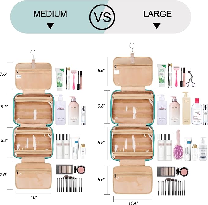 COOSKY Travel Hanging Toiletry Bag for Women, Large Makeup Bag 8 Leak Proofing Silicone Bottle Covers, Waterproof Cosmetic Bag with Jewelry Organizer Compartment, Toiletries Kit Set, Blue