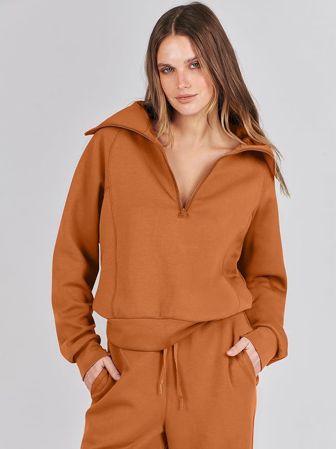 ANRABESS Women’s 2 Piece Outfits Half Zip Sweatshirt & Wide Leg Pants Airport Travel Lounge Matching Sets Sweatsuits Clothing