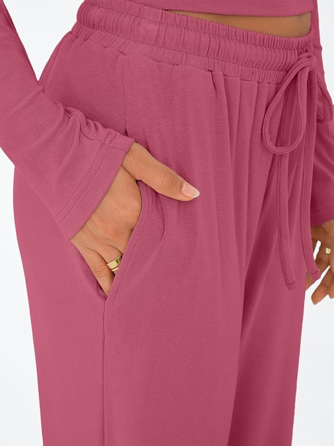 Trendy Queen Women's 2 Piece Matching Lounge Set Long Sleeve Side Ruching Top Wide Leg Drawstring Pants Set with Pockets