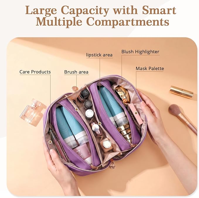 Travel Makeup Bag for Women: 3-in-1 Large Capacity Cosmetics Organizer with 2 Detachable Pouch - Vegan Leather Flat Open Toiletry Bag - Travel Essentials for Full-Sized Bottles(01-Purple)