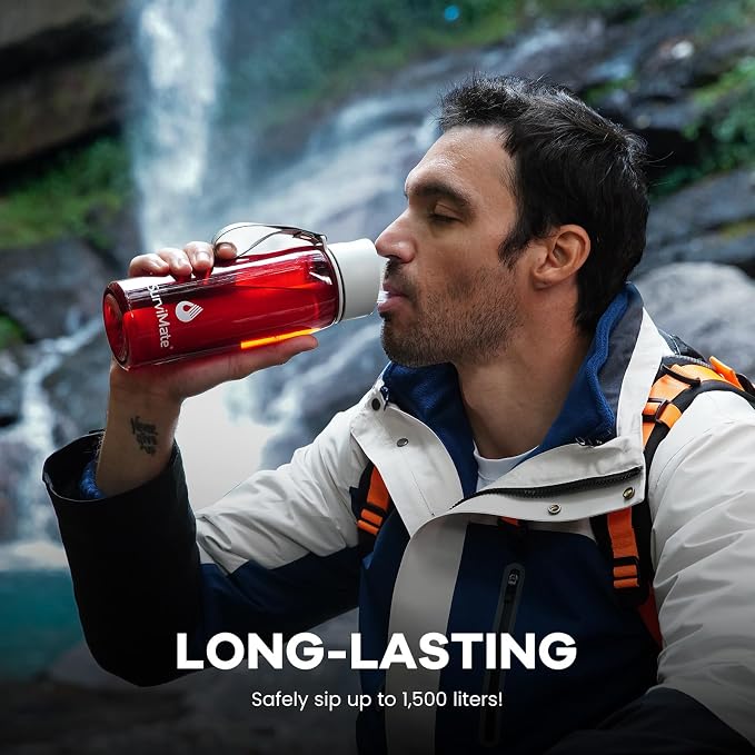 Survimate 5-Stage 0.01μm Ultra-Filtration Filtered Water Bottle, BPA-Free Material, NSF/ANSI 42 Certified, Portable Water Filter Bottle for Survival, Camping, Hiking, and Emergency Use