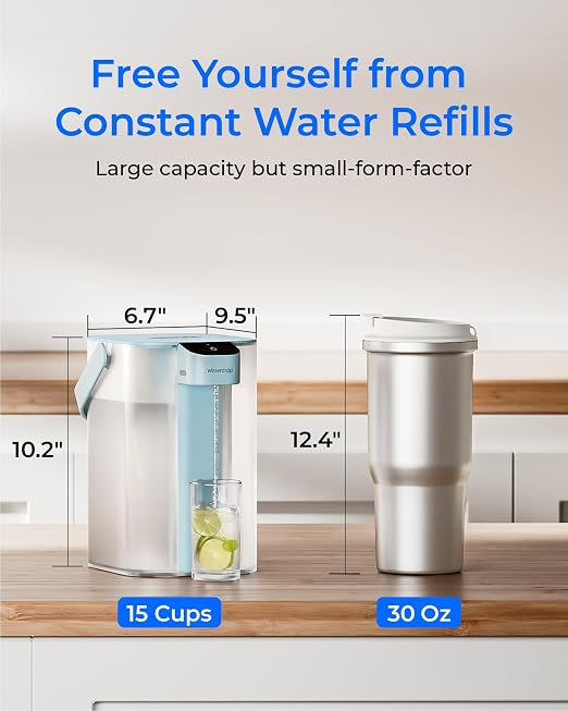 Waterdrop ED01LB Electric Water Filter Pitcher, Reduce 99.6% of Lead and 45+ Impurities, 15-Cup 200-Gallon Capacity, Rechargeable Dispenser, NSF/ANSI 42&53&401&372, Does not Lower TDS, Light Blue