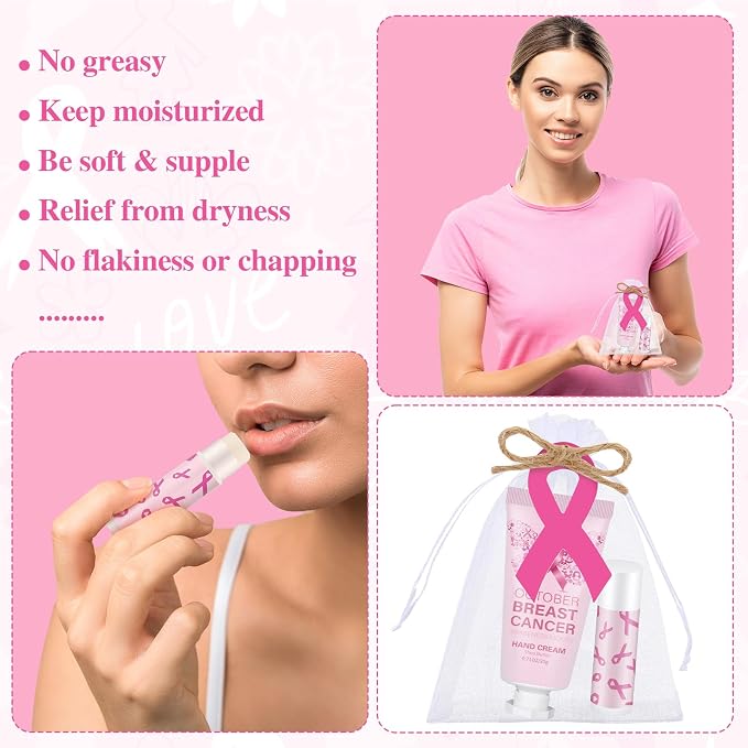 100 50 Set Breast Cancer Awareness Gifts Bulk Woman Ribbon Lip Balm Hand Cream Include 50 Lip Balm 50 Hand Cream 50 Bag 50 Tag Breast Cancer Awareness Month Items Survivors Offices