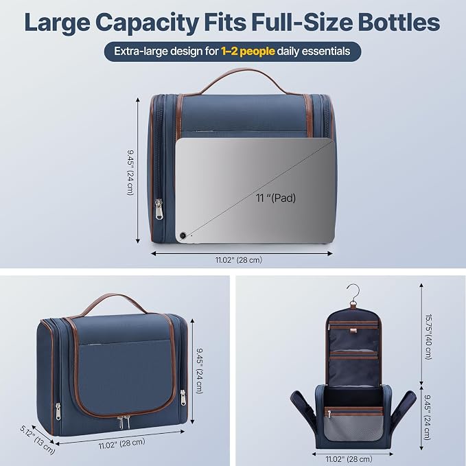 ZAHNI Hanging Toiletry Bag for Men with 360° Hook, Large Toiletry Travel Bag, Bathroom Shower Organizer for Shaving, Grooming & Toiletries_Navy