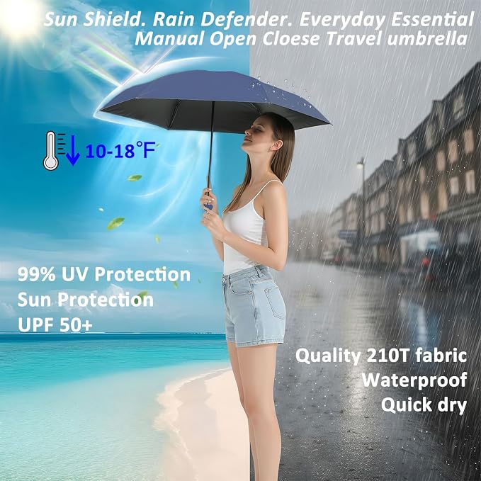 BAODINI Travel Essentials Mini Umbrella for Purse With Case Small Compact UV Sun Protection Lightweight Tiny Pocket Manual Open Close Umbrella for Women Kids and Men Fits Purse Backpack