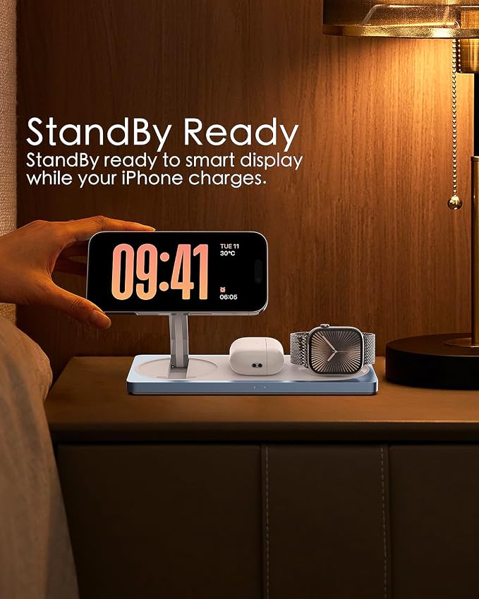 PETINO 3 in 1 Wireless Charging Station for Apple Devices with MagSafe | For iPhone 17/Air/16/15/14/13/12, AirPods & Apple Watch, Foldable Portable Aluminum Charging Stand, Adapter Included