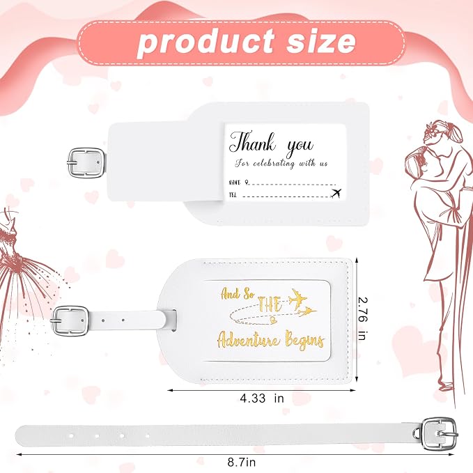 Sweetude 48 Sets Bulk Luggage Tags Wedding Favors and So The Adventure Begins Leather Luggage Tags for Suitcases with Name Card for Travel Themed Bridal Shower Graduation Party Favor(White)