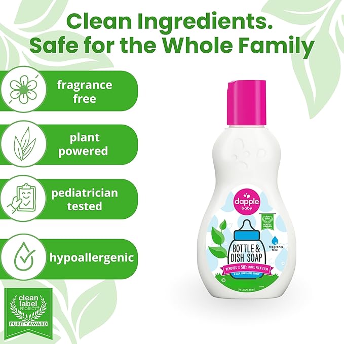 Dapple Baby Fragrance-Free Baby Bottle & Dish Soap - (2 Pack) 3 fl oz - Plant-Powered Cleaner for Bottles, Pump Parts, and Sippy Cups - Travel Size