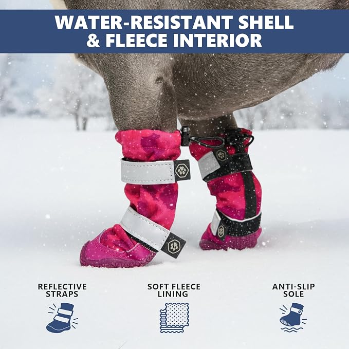 Spark Paws Dog Rainboots, Waterproof Dog Shoes for Medium to Large Dogs, Non Slip, Dog Booties and Paw Protectors - 4PCS Doggie Hiking Boots with Reflective Straps - Pink Camo, Size 5