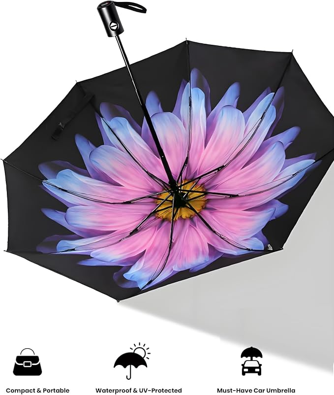 SIEPASA Compact Travel Umbrella - Windproof Auto Open/Close, Small Folding Umbrella for Rain & Sun with UPF50+ - Lightweight Frame, Waterproof - Fits Backpack, Purse, Suitcase.(Glaze)