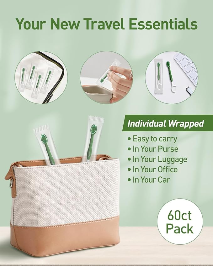 Disposable Mini Travel Toothbrush Bulk with Toothpaste 5in1 60Ct Portable Toothbrushes Set Floss Pick Tongue Scraper Cruise and Travel Essentials (Pink)