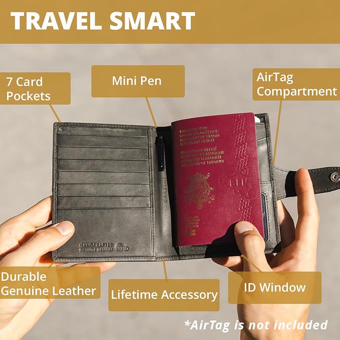 GARZINI Passport Holder with AirTag, Passport Wallet with RFID, Travel Accessories, Travel Document Holder with ID Window, Leather Passport Holder for 7 Cards, Brushed Caramel