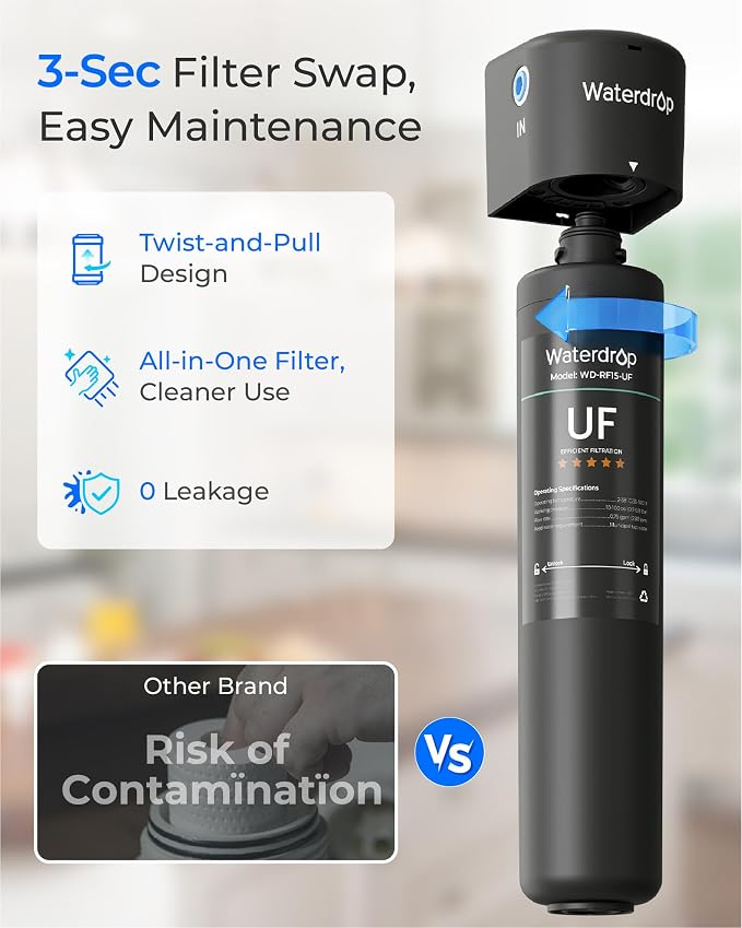 Waterdrop RF15-UF 0.01 μm Water Filter Replacement for Waterdrop 15UA/15UA-UF/15UB/15UB-UF/15UC/15UC-UF Under Sink Water Filter, Reduces Lead, Chlorine, Bad Taste & Odor, 2 Years