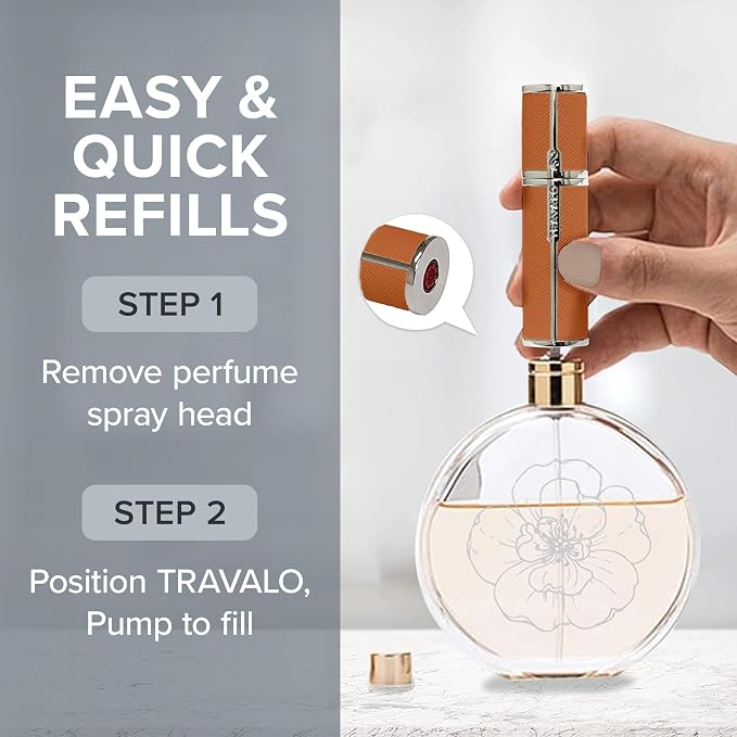 Travalo Milano Perfume Atomizer - Leak-Proof and TSA Approved for Air Travel - Reusable, Airtight, Easy Fill Mini Pump Sprayer - Lightweight, Vegan Leather with Polished Metal Outer Shell - Orange