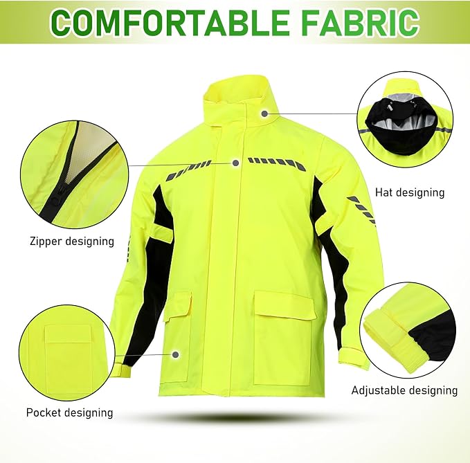 Men's Reflective Rain Gear Motorcycle Rain Suit with Hooded Nylon Waterproof Jacket Pants and Shoe Covers for Cycling and Night Riding