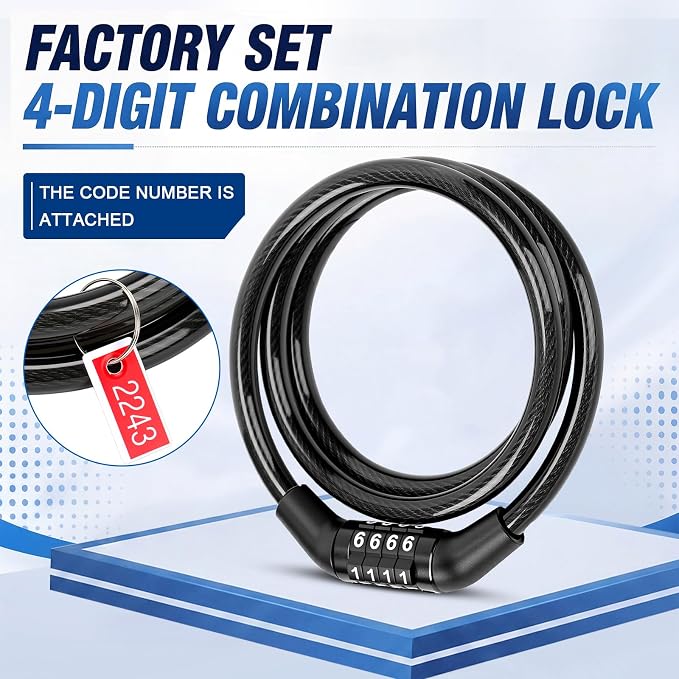 Bike Lock Cable with Combination, Coiled Preset Bike Lock High Security 4 Digit Bicycle Locks Anti Theft Bikes Accessories Black Bicycle Cable Locks, 5/6 Inch Diameter(10 Pcs,3 Feet)