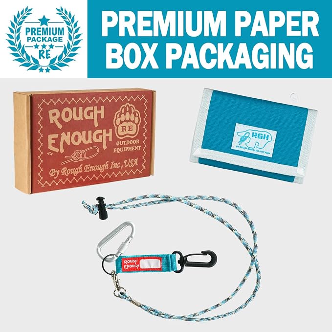 Rough Enough Kids Wallet for Boys Ages 6-16, Canvas Trifold with Neck Lanyard, Zipper Coin Pockets, Card Slots for Campus, Camping and Travel, Light Blue