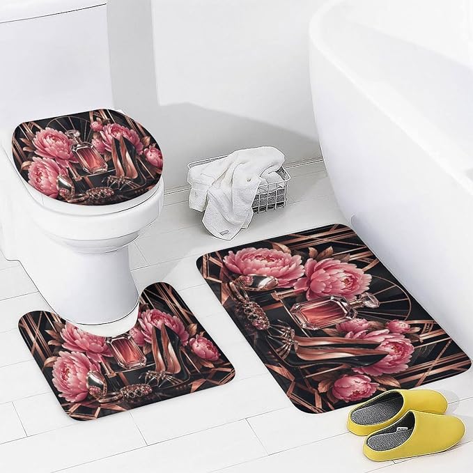 Floral Perfume Heels Jewelry Bathroom Rug Set 4 Piece with Shower Curtain Non Slip Bath Mat Set Microfiber Bathroom Decor Toilet Lid Cover U Shape Rug Waterproof Bathroom Accessories