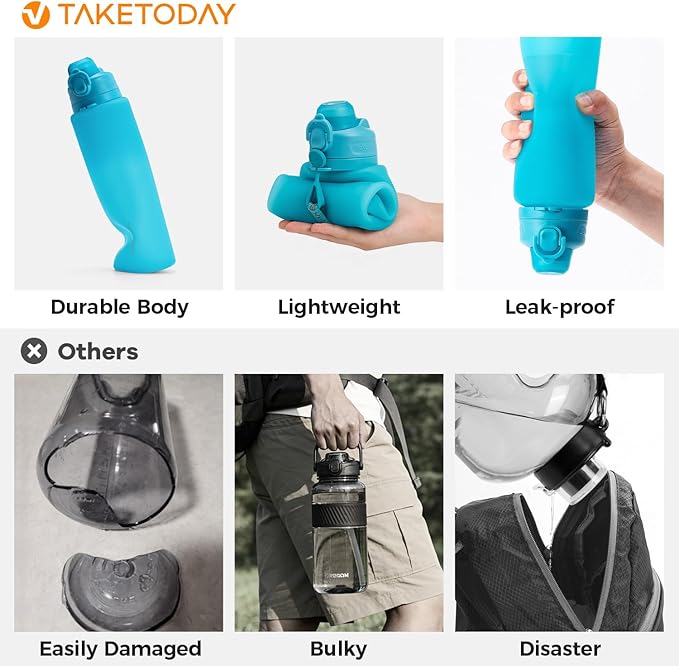 TakeToday Newly Upgraded Collapsible Water Bottles 32oz and 20oz, Compact Foldable Travel Bottle, TSA-Approved Leakproof Silicone Water Bottle for Hiking, Travel, Outdoors