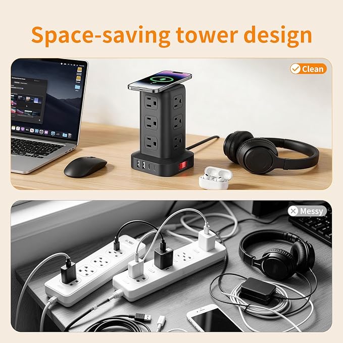 Extension Cord with Multiple Outlets, SMALLRT Surge Protector Power Strip Tower, Outlet Extender with 12 AC Outlets 4 USB, 6.5FT Extension Cord for Home Dorm Room, Office Supplies,Overload Protection