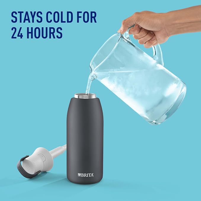 Brita Stainless Steel Premium Filtering Water Bottle, BPA-Free, Reusable, Insulated, Replaces 300 Plastic Water Bottles, Filter Lasts 2 Months or 40 Gallons, Includes 1 Filter, Carbon - 32 oz