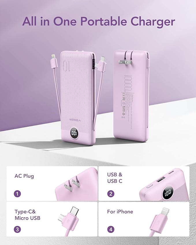 VEGER Portable Charger Power Bank with Built-in AC Plug and Cables, All in One 10000mAh Ultra Slim Travel Essentials, Fast Charging Battery Pack Compatible with iPhone, Samsung, Android, Purple