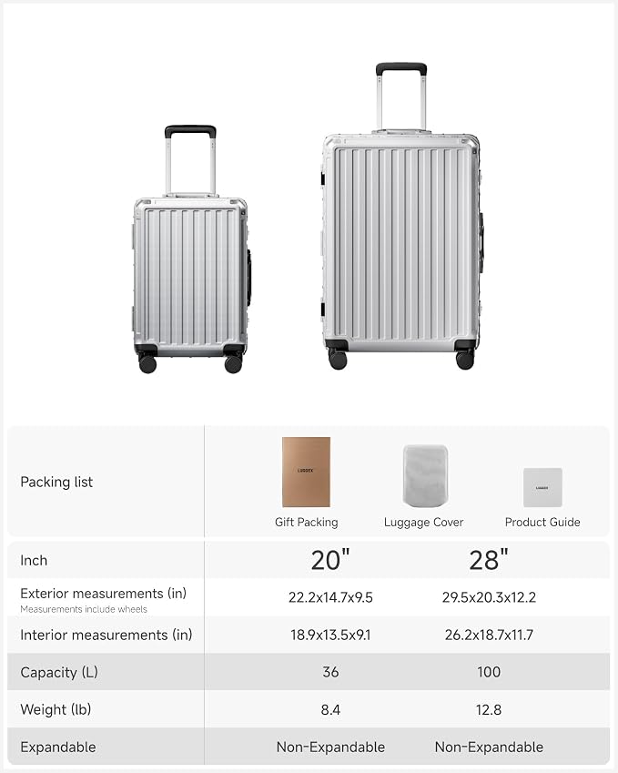 Luggage Sets with Spinner Wheels, 8010S Aluminum Frame Zipperless Polycarbonate Hard Shell Suitcase Sets (ZX-Core, Silver, 2 Piece (20/28))