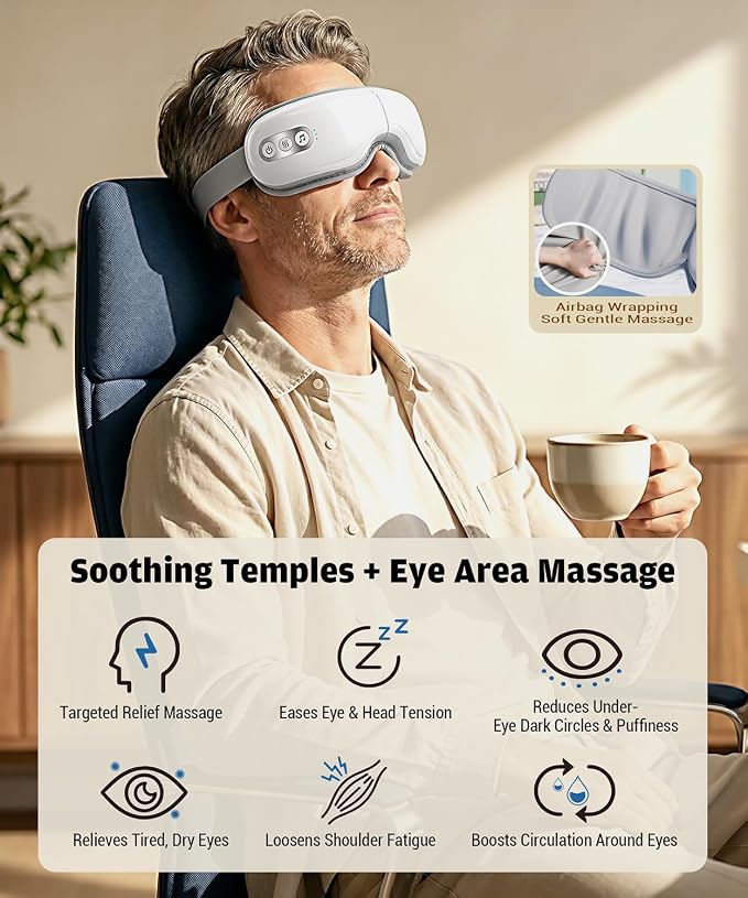 Eye Massager with Heat and Cooling, Heated Eye Mask for Dry Eyes & Sleep, Cooling Gel Mask for Puffiness, Bluetooth Music 5 Modes Cordless Foldable, Relax Gift for Women Men
