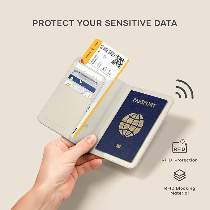 Satechi Passport Holder for Travel with Find My, Passport Cover with 4 Card Holder, Wireless Charging, and RFID protection – Travel Essential Vegan Leather Passport– Sand