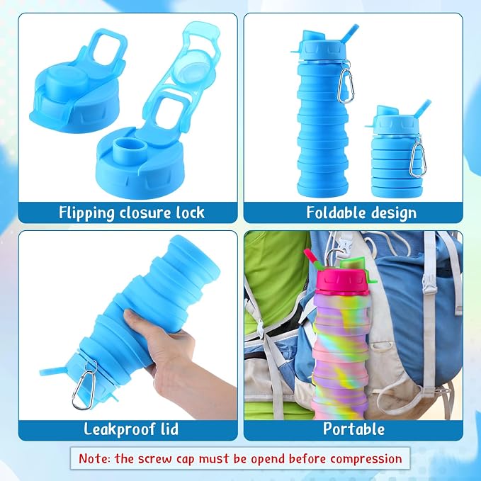 Layhit 10 Pcs Silicone Collapsible Water Bottles 17 oz Travel Water Bottle with Leak Proof Twist Cap Portable Foldable Retractable Sports Bottles Reusable Expandable Water Bottle (Multi Colors)
