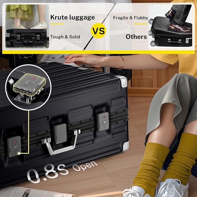 Krute Aluminum Frame Luggage 28 Inch Checked Suitcase with Spinner Wheels TSA Approved No Zipper Hard Shell Luggage PC+ABS Travel Suitcase Black