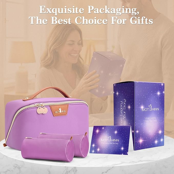 Travel Makeup Bag for Women: 3-in-1 Large Capacity Cosmetics Organizer with 2 Detachable Pouch - Vegan Leather Flat Open Toiletry Bag - Travel Essentials for Full-Sized Bottles(01-Purple)