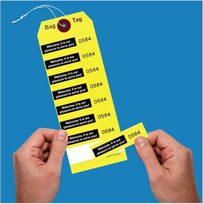 1000 Luggage Claim Tags with String Attached, Consecutively Numbered, Bag Stickers, Claim Ticket - Bag Tags for Hotel and Motel Bag Storage. Size: 6 3/4" (H) x 2 1/2" (W).