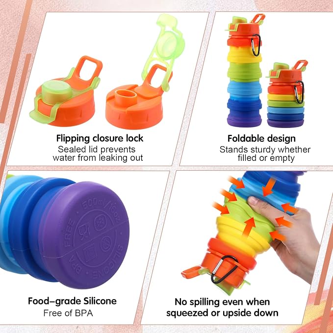 Sunnyray 30 Pack Collapsible Water Bottles Bulk Foldable Water Bottles 17oz Silicone Portable Leak Proof Reusable Sports with Clip for Travel Hiking Camping Outdoor (Colorful)