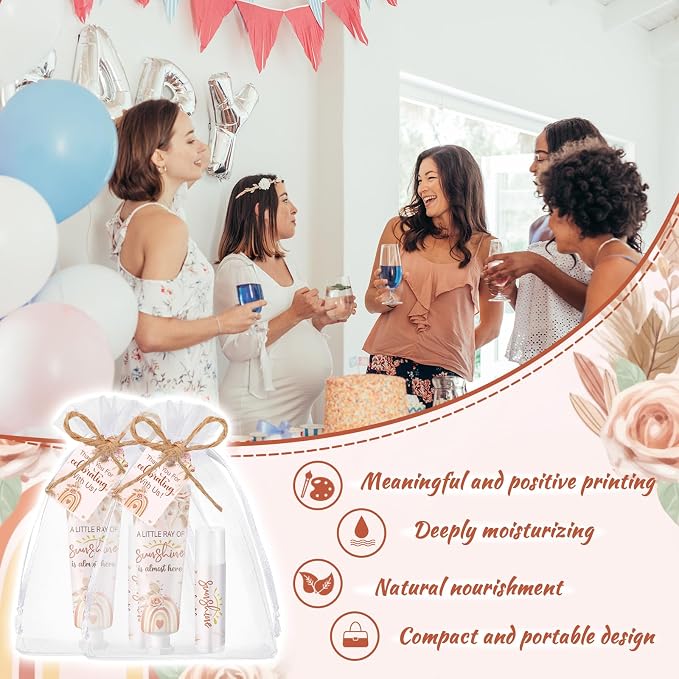 Lounsweer 24 Sets Boho Baby Shower & Baby Sprinkle Favors for Guests Rainbow Sunshine Hand Cream and Lip Balm Gift Set with Organza Bags and Thank You Cards Travel Size Lotion