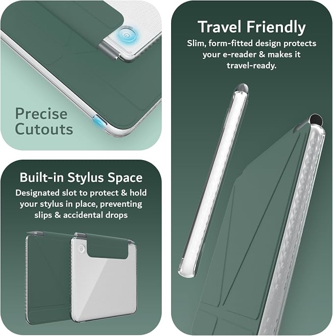 TUDIA M-FLIP Detachable Clear Magnetic Case for Kobo Libra Colour (2024) - [Auto Wake/Sleep] Shockproof Slim Transparent Back Magnetic Fold Cover with Stylus Holder (Dark Green)
