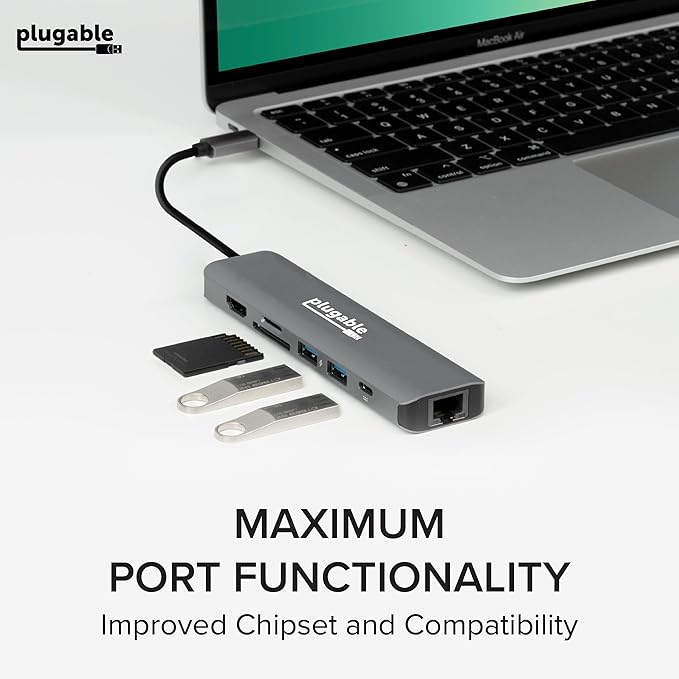 Plugable 7-in-1 USB C Hub Driverless Multiport Adapter with Ethernet, Single 4K60Hz HDMI, 100W Pass-Through Charging, 2X USB 3.0, SD/microSD, for USB-C, USB4, Thunderbolt, Mac, Windows, Chromebook