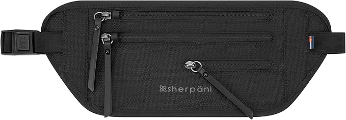 Sherpani Jett, Travel Money Belt, Secure Waist Bag, Slim Passport Holders, Blocking Hidden Wallet Belt Bag, Fanny Pack for Women, Travel Gift, RFID Protection (Carbon Signature)