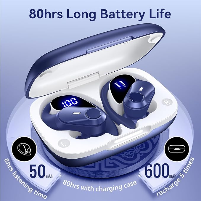 Active Noise Cancelling Ear Buds Wireless Earbuds 80H Playtime Bluetooth Headphones with LED Display Case, Hi-Res Audio Clear Calls Earphones with Over Ear Hooks for Running Gym Workout Travel Blue