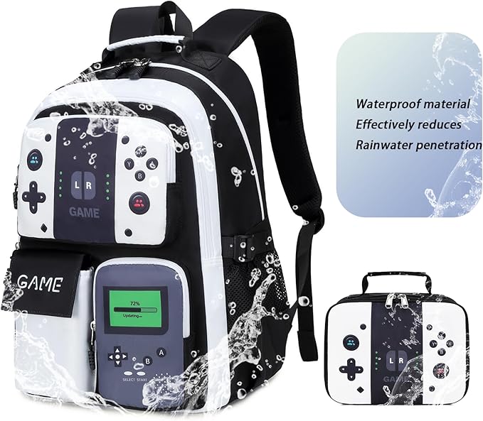 Boys Backpack Kids Bookbag TeensSchool Bag LuminousGame Large capacity bag (4BlackWhite Set)