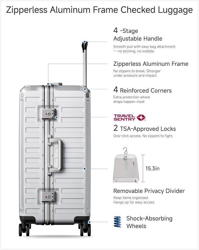 Checked Luggage with Spinner Wheels, 8010S Aluminum Frame Zipperless Polycarbonate Hard Shell Suitcase (ZX-Core, Silver, 24 Inch)