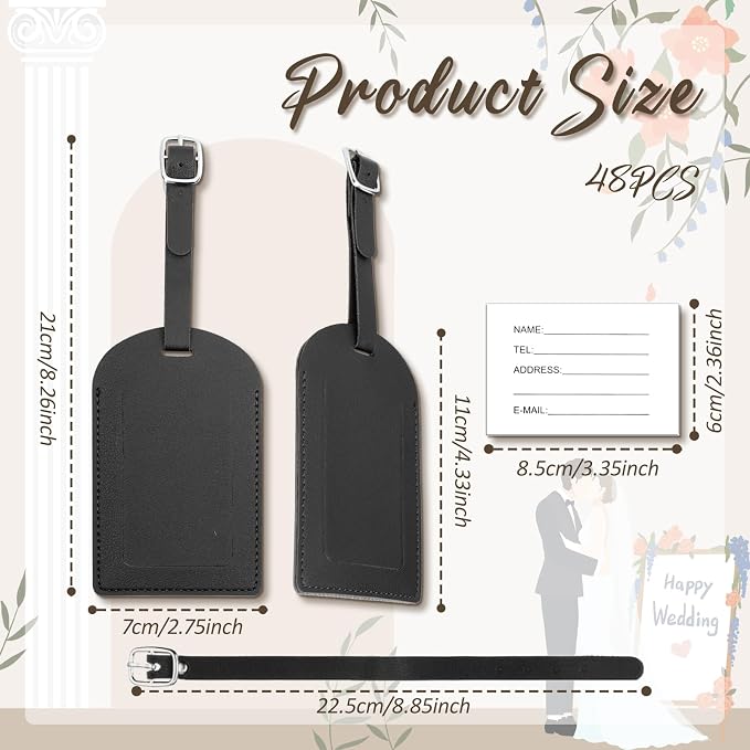 48 Pack Leather Luggage Tags PU Leather with Name ID Card Wedding Favors for Guests Bridal Shower Gifts (Black)