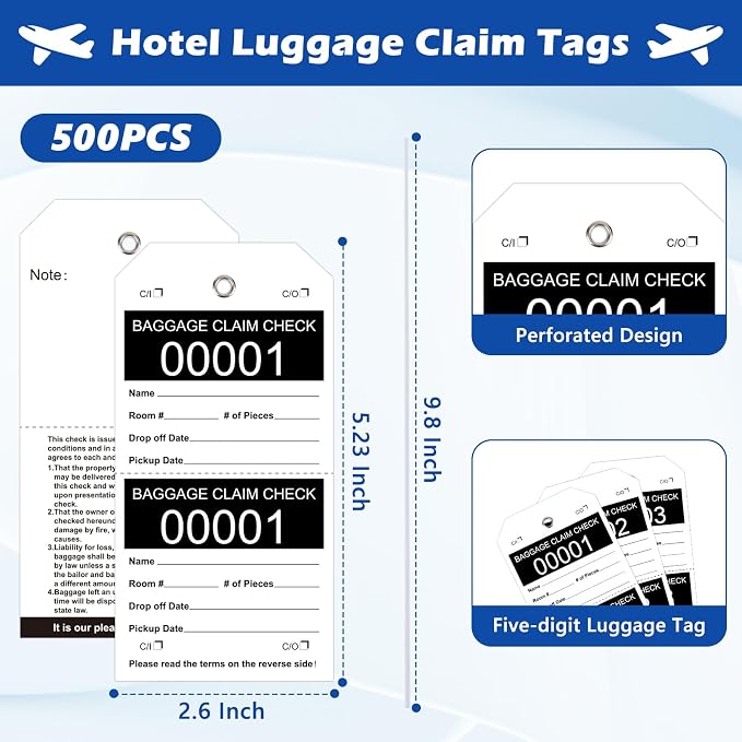 500 Pcs Baggage Claim Tag Hotel Luggage Tag Bulk with White String Paper Baggage Claim Check Tags Perforated Claim Ticket Black Luggage Id Tickets Serial Numbering for Hotel Motel Bag Storage