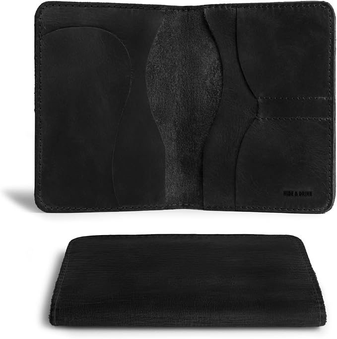 Hide & Drink, Double Passport Cover with Slots for Bills and Keys, Rustic Case, ID Organizer, Full Grain Leather, Handmade Accessories, Charcoal Black
