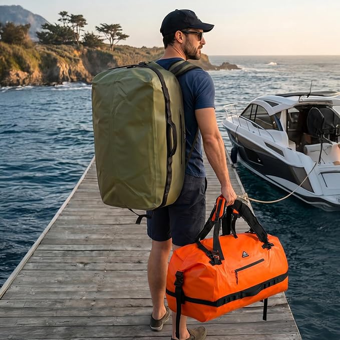 Haimont IPX7 Waterproof Roll-Top Dry Duffel Backpack | 60L/90L Sizes, 500D Tarpaulin, Welded Seams, Mesh Pockets, Boating & Kayaking