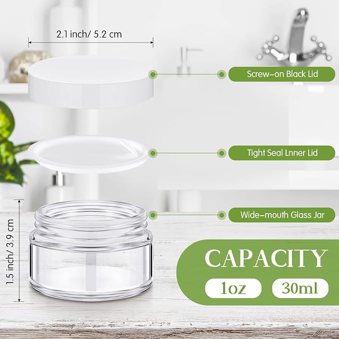 Domensi 60 Pcs 1oz Glass Jars with Lids Bulk Small Glass Salve Tins Cream Container Cosmetic Jars for Travel Balm with Inner Liners for Sample Cream (Clear,White Lid,Plastic Lid)