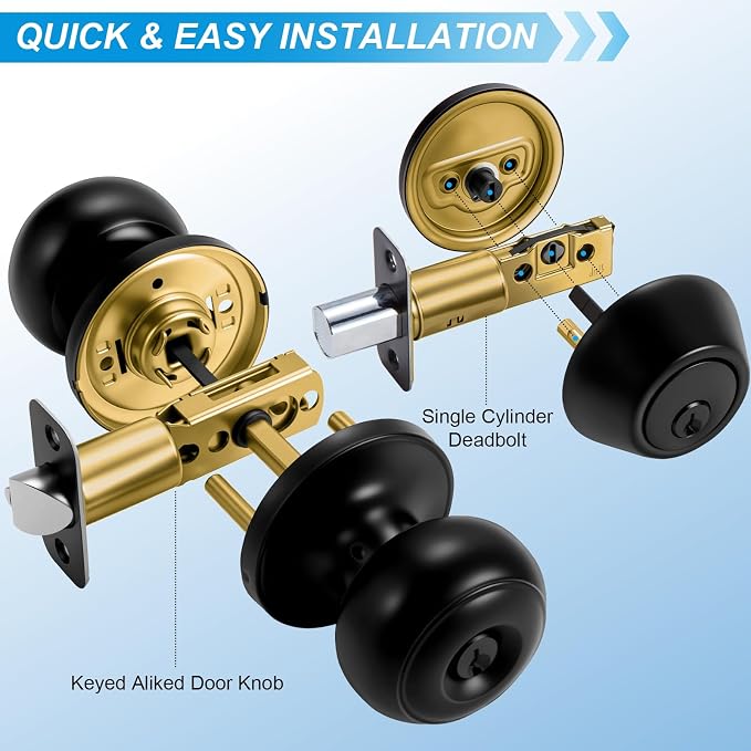 Plustool 5 Pack Front Door Lock Set Matte Black,Exterior Door Lock Set with Deadbolt,Single Cylinder Deadbolt Lock and Door Knob Set,Keyed Alike Door Knobs with Lock&Keys,Round Ball Entry Door Lockset
