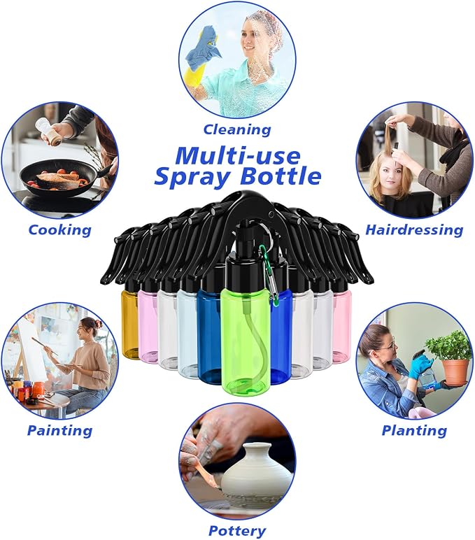 50 Pack 2 Oz Keychain Spray Bottles Refillable Portable Travel Size Plastic Sprayers for Hand Sanitizer, Cleaning, Gardening, Cooking, Holiday Travel Prep(10 Random Colors, Black Nozzle)